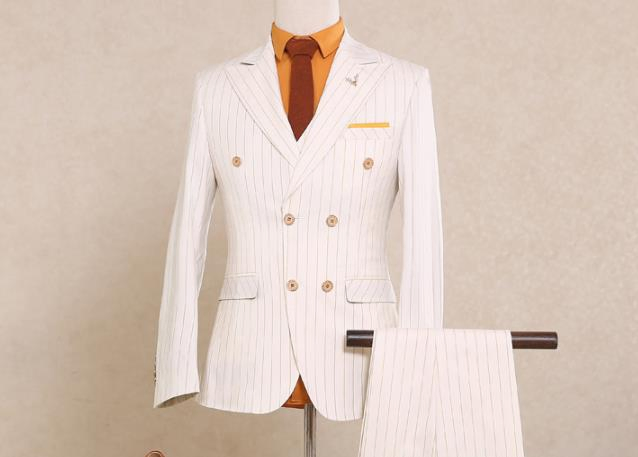 2PCS White Striped Wmoen Suit Notch Lapel Formal Wedding Groom Tuxedo Party Blazer