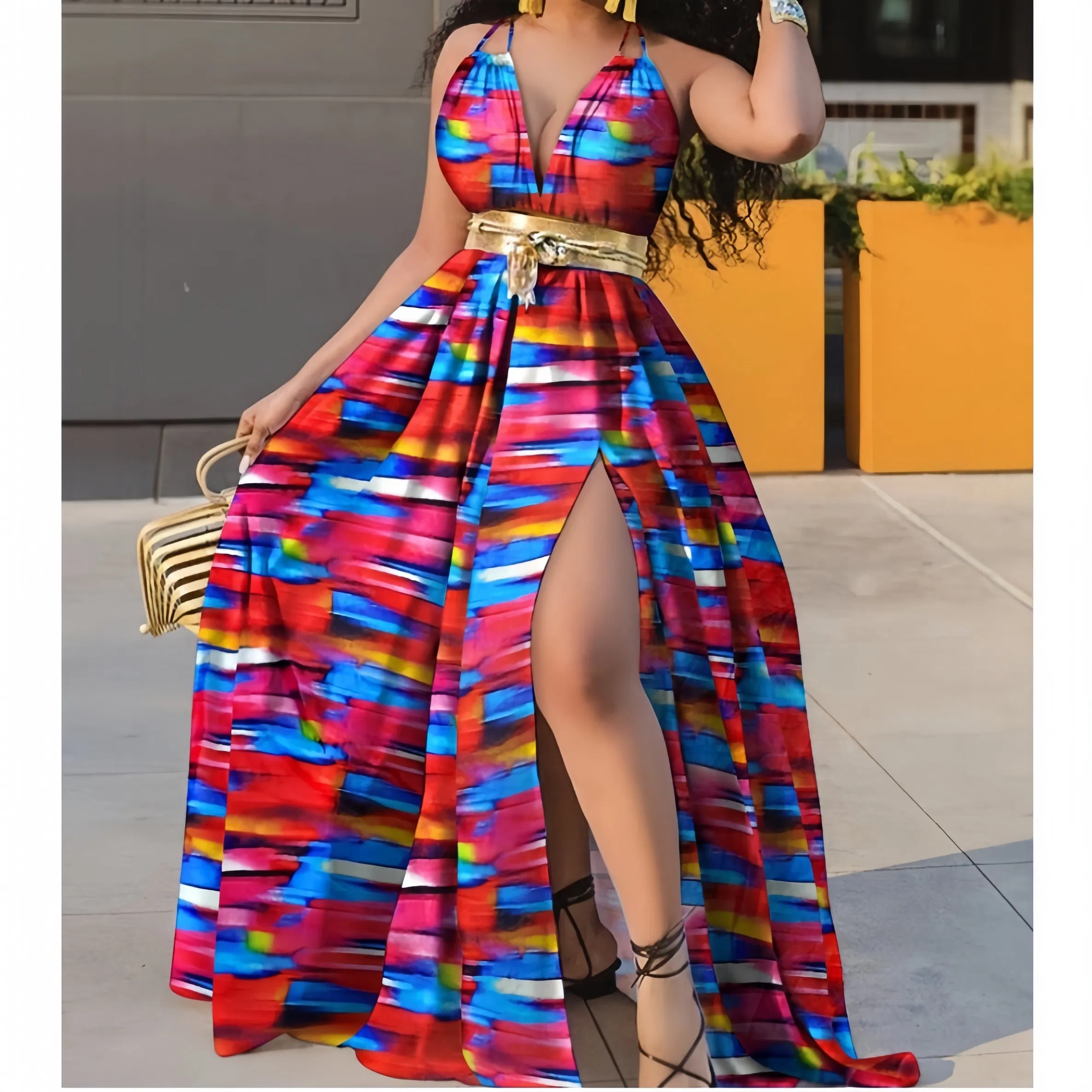 Custom Clothing Manufacturer Summer Slit Maxi Sexy A-Line Dress Fashion Print Sleeveless V-Neck High Waist Dress for Women