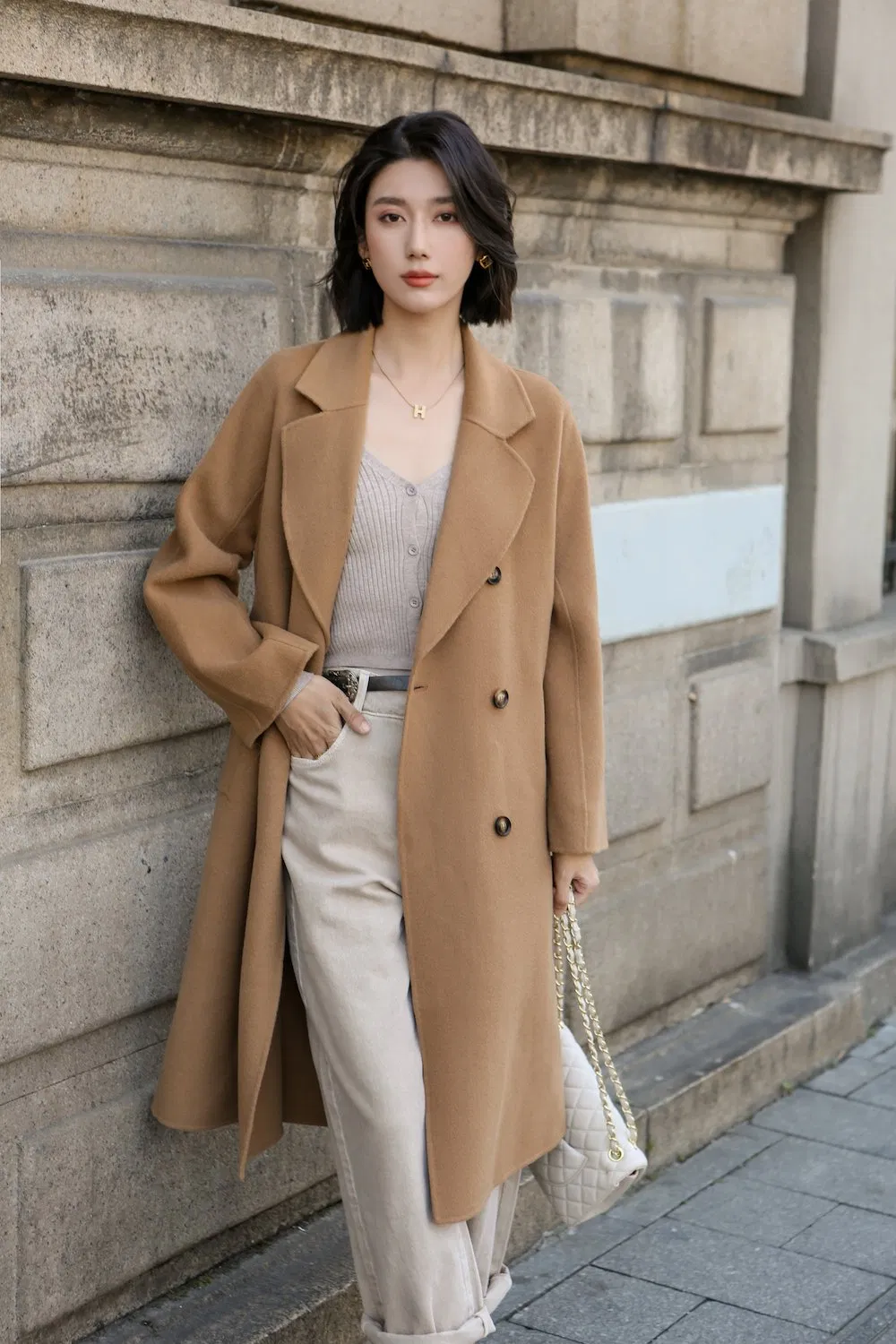 Customized Long Wool Coat Elegant Cashmere Winter with Belt for Women