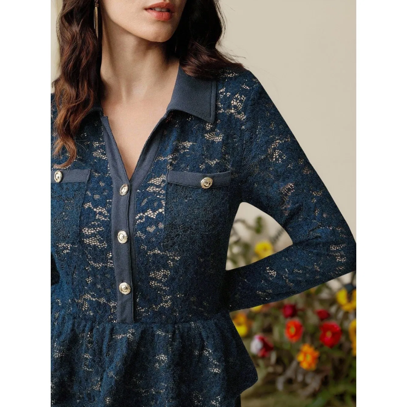 Floor-Length Navy Blue Lace Peplum Collar Mermaid Maxi Dress Women Elegant Party Evening Gown Formal Occasion Wear Slim Fit