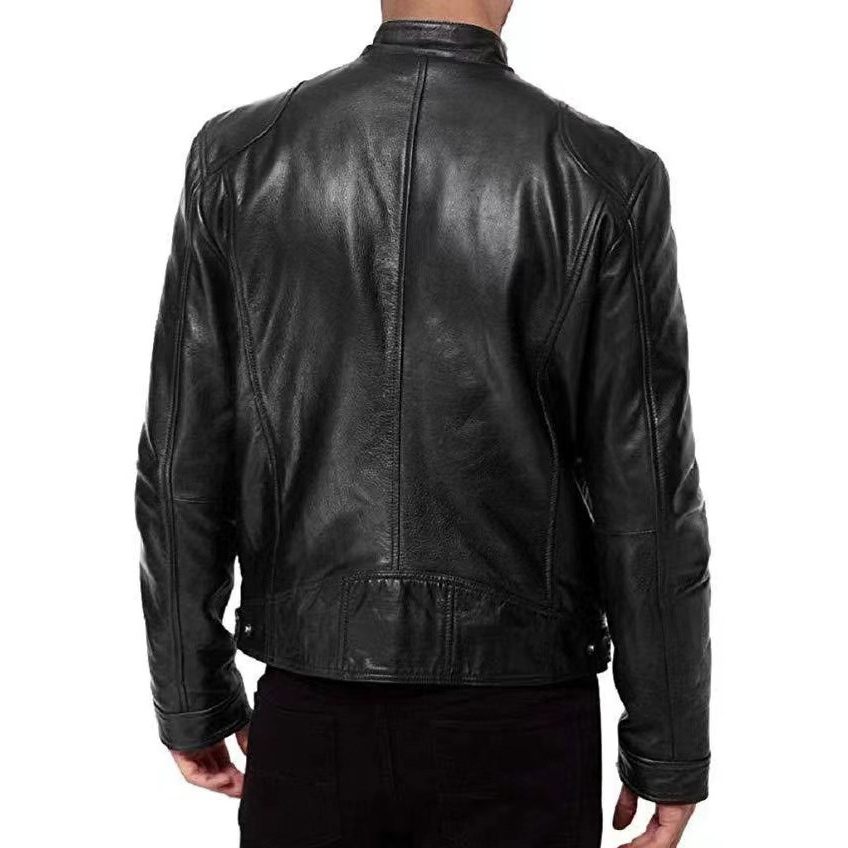 Mens Leather Jacket Slim Fit Motorcycle Biker Real Stand Collar OEM