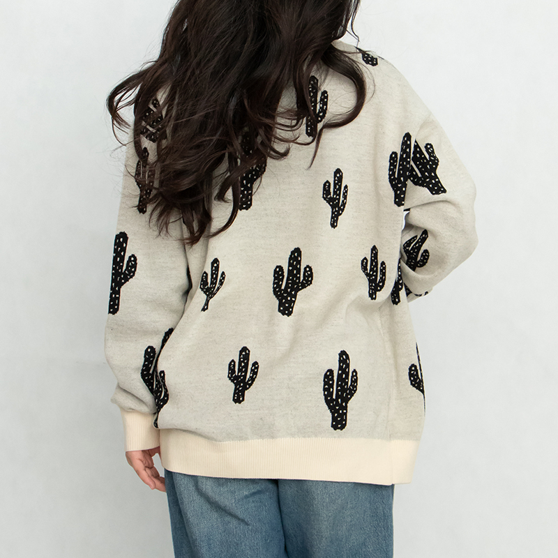Cactus Print Cardigan Open Front Cardigan Crew Neck Cotton Cardigan
