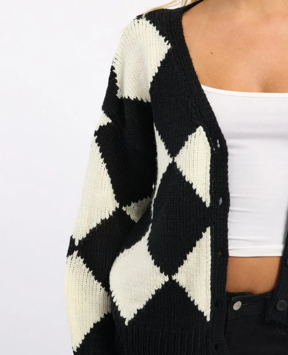 Chic Black and White Check Crop Knit Cardigan