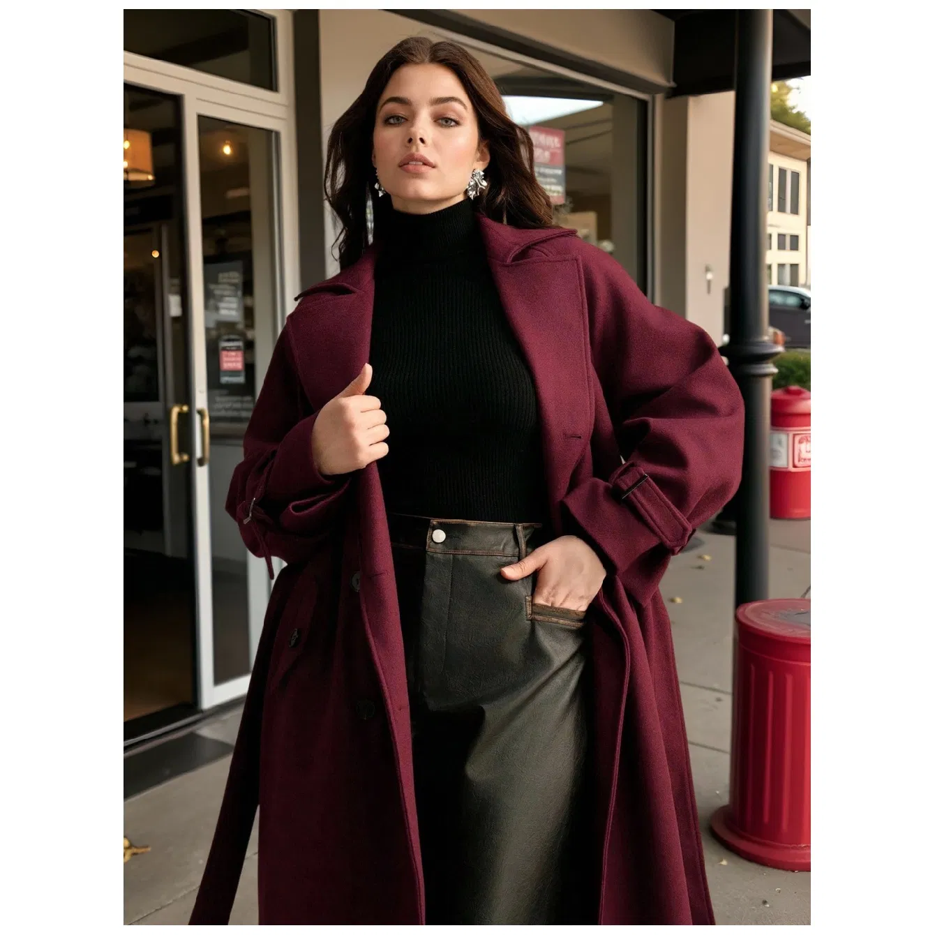 Burgundy Double Breasted Belted Wool Trench Coat