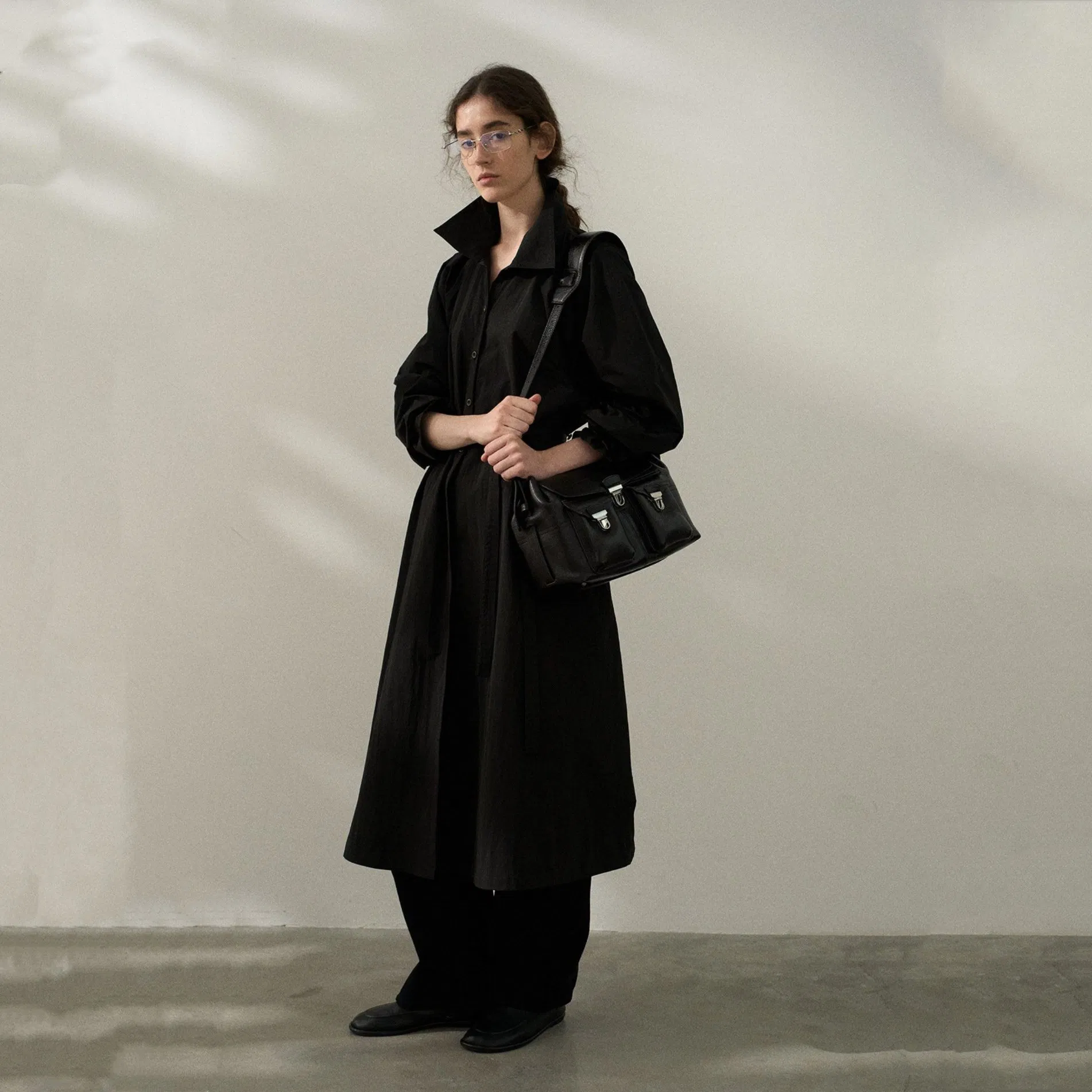 Glossy Wrinkled Long Trench Coat Stand Collar Coat Autumn
