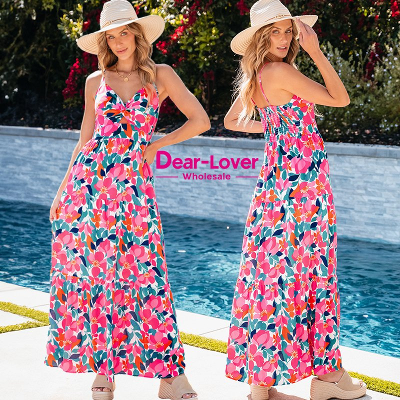 Dear-Lover Boutique Wholesale Vestido De Mujer Boho Bohemian Clothing Floral Twisted Smocked Back Tiered Summer Maxi Long Women Fashion Ladies Dress