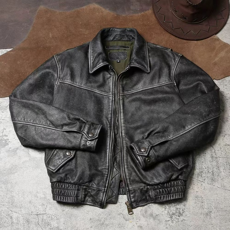 China Factory Mens Leather Coat Black Motorcycle Genuine Leather Jacket