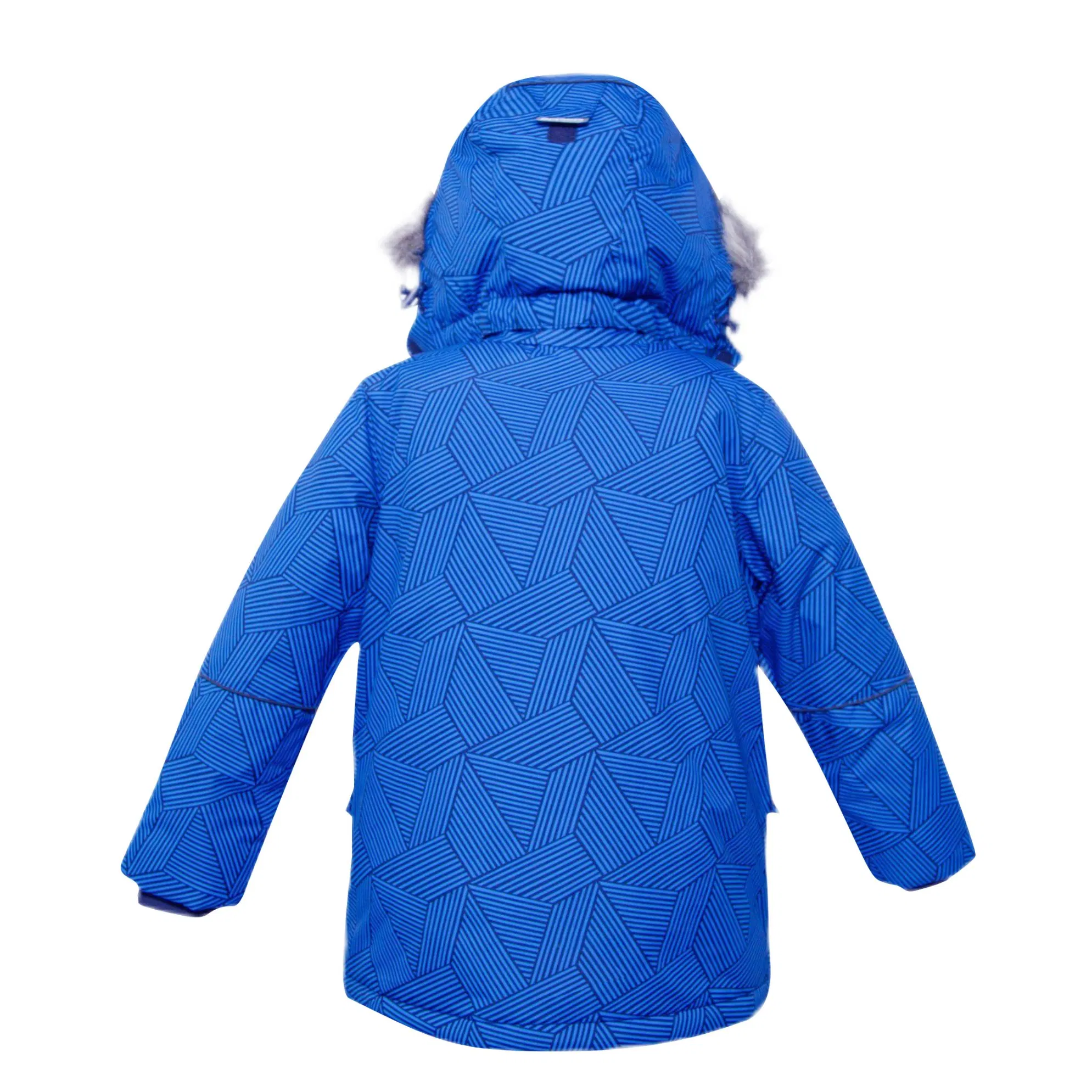 Kid's Waterproof Winter Parka with Fur Hood Blue Geometric Pattern
