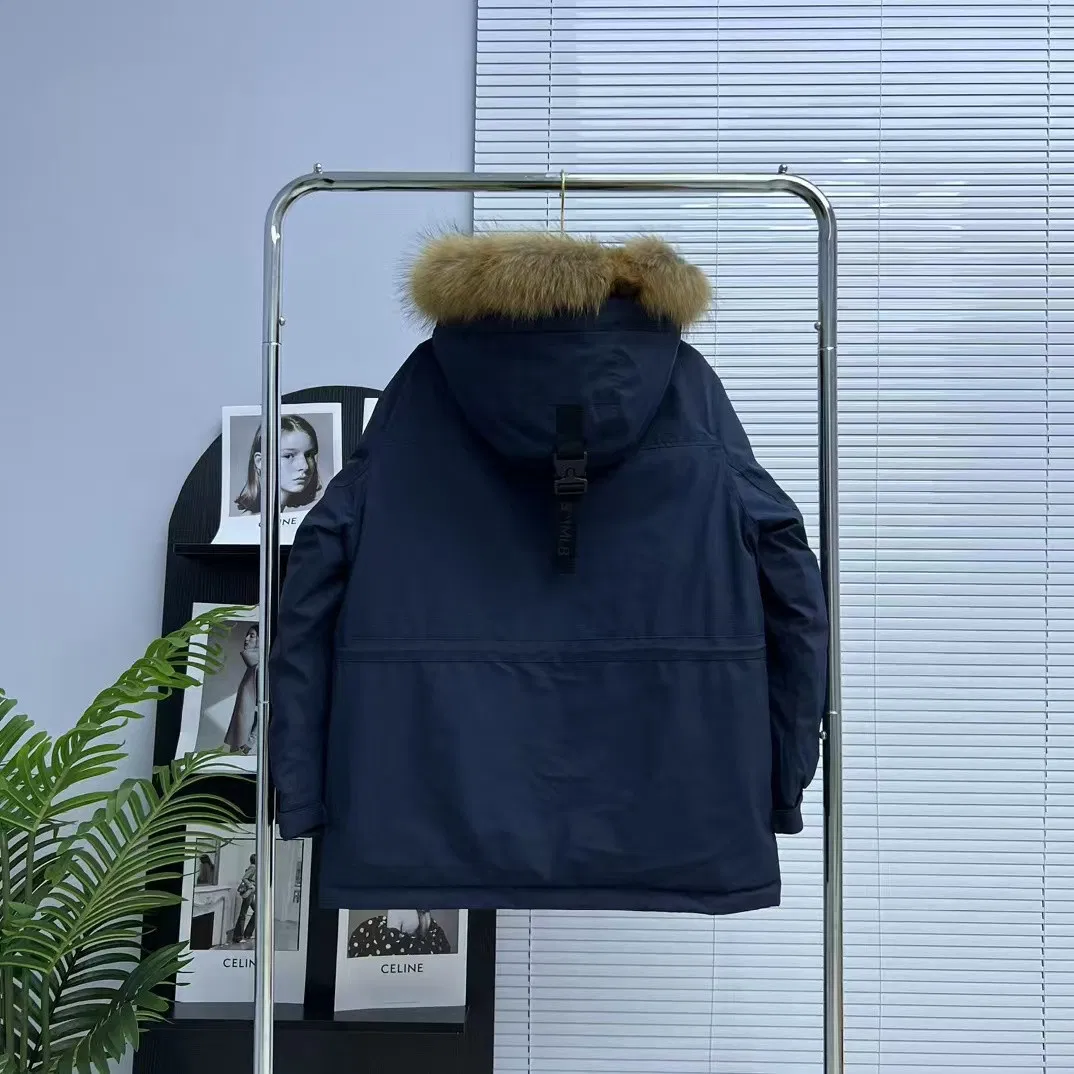 Mhome Down Jacket Yankees Workwear Large Fur Collar Medium-Length Men's and Women's Models White Duck Down Parker Navy Jacket