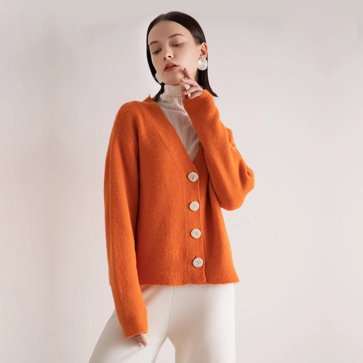 Spring Long-Sleeved V-Neck Wool Vintage Women Top Cardigan