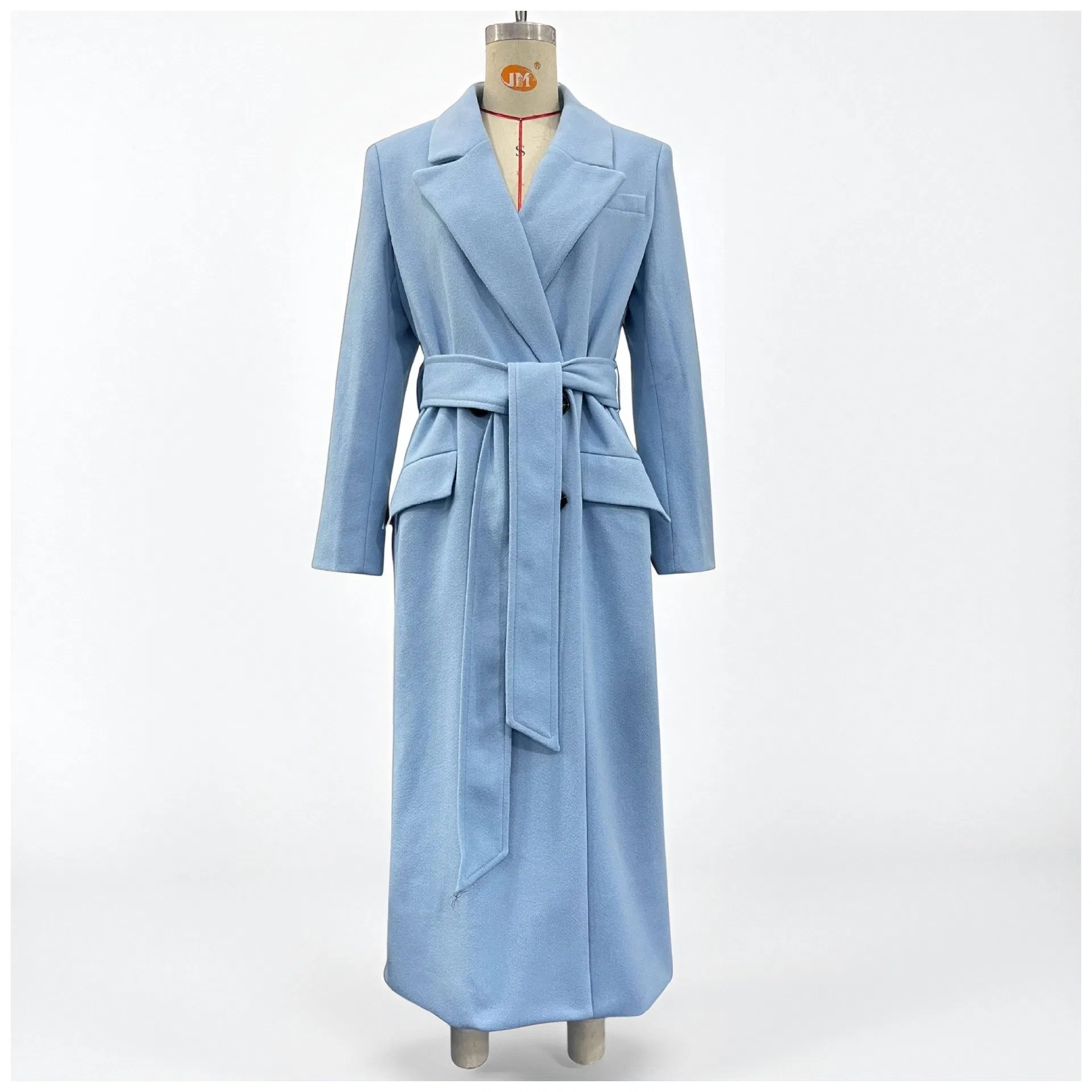 Sky Blue Belted Longline Wool Blend Winter Trench Coat