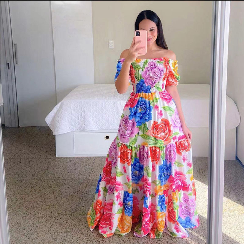 Women Spring Summer Casual Flower Print Fashion Maxi Long Ladies Dress