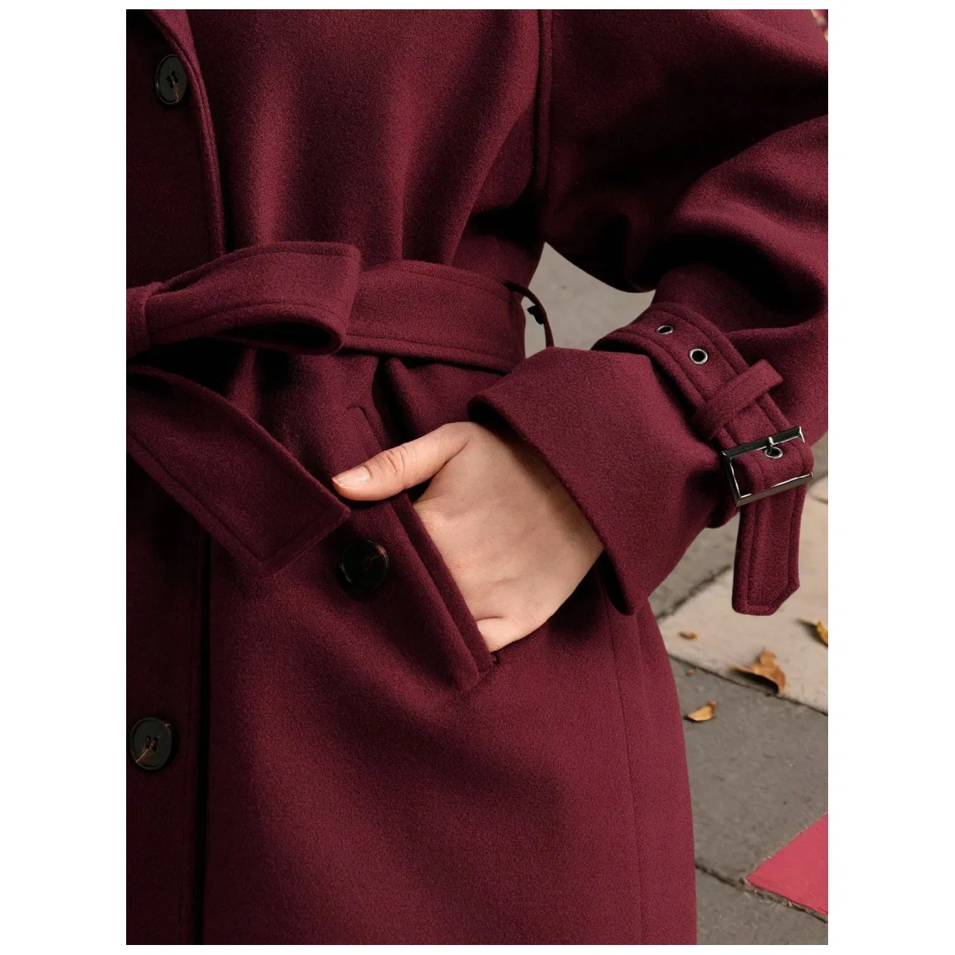 Burgundy Double Breasted Belted Wool Trench Coat