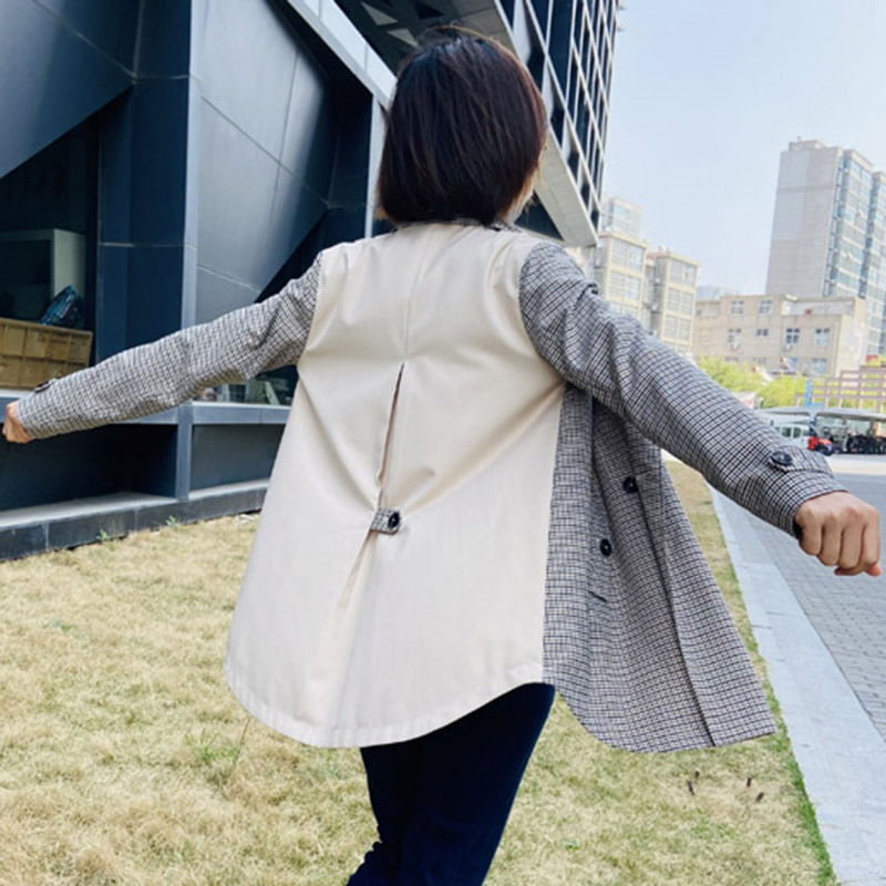 Women's Fashion Casual Double-Breasted Contrast Jacket A-Line Trench Coat with Sleeve Tabs