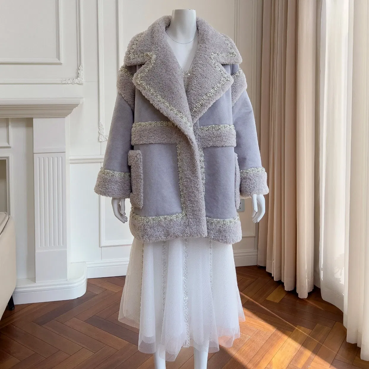 Nnr Flower Women Wool Polyester Coat Fabric Women's Trench Coats