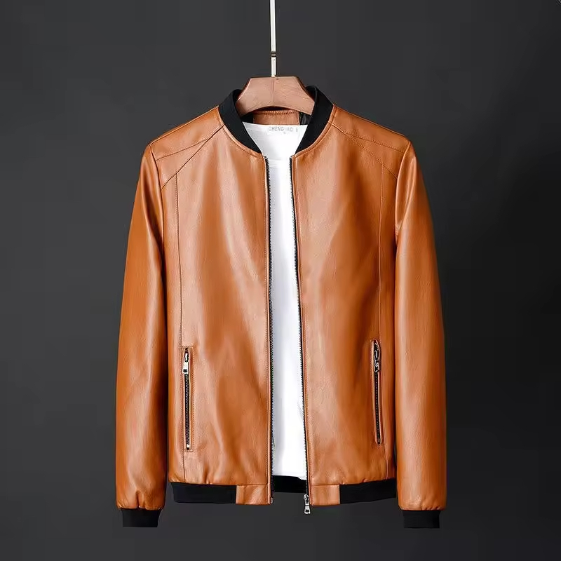 Stylish Men's Leather Motorcycle Jacket with Standing Collar