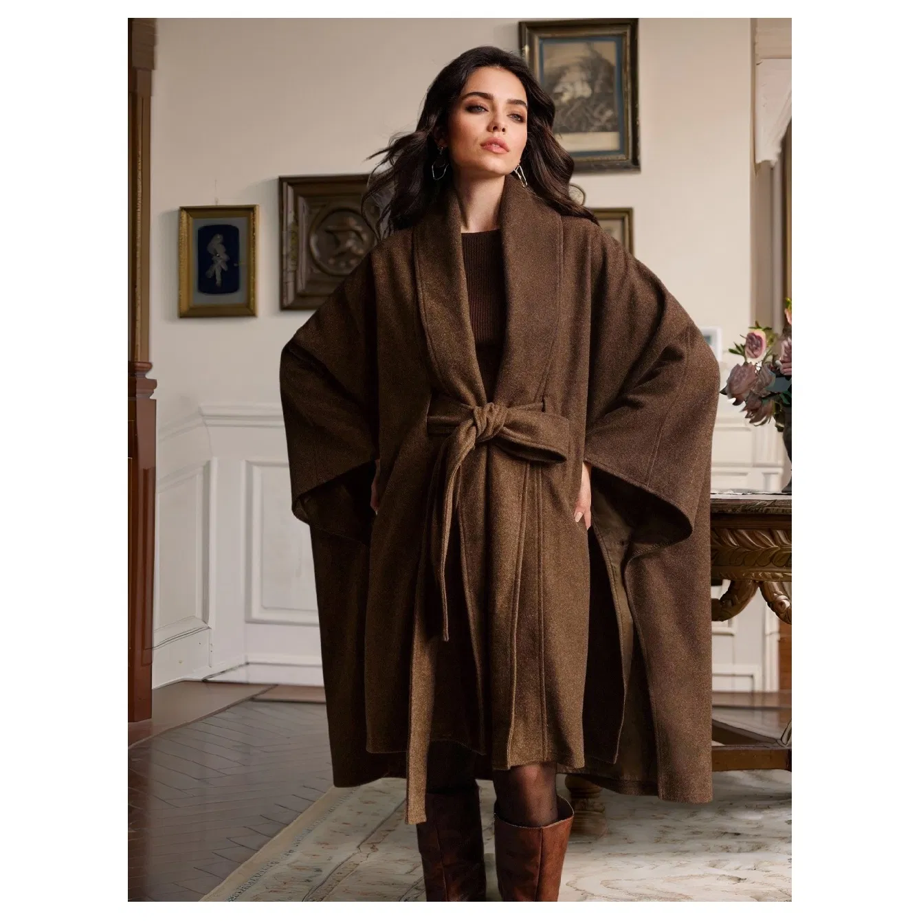 Elegant Shawl-Style Wool Cape Coat for Autumn and Winter