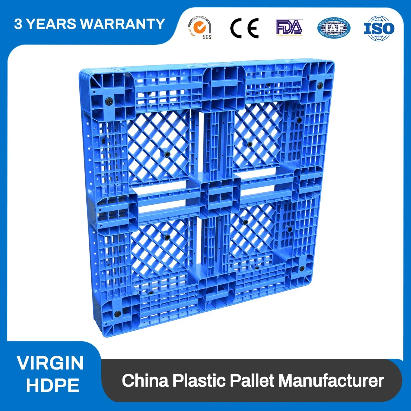 1200*1000 Stackable Industrial HDPE 3 Runners Heavy Duty Reversible Hygiene Solid Deck Racking Forklift 4 Way Entry Steel Reinforced Plastic Pallet