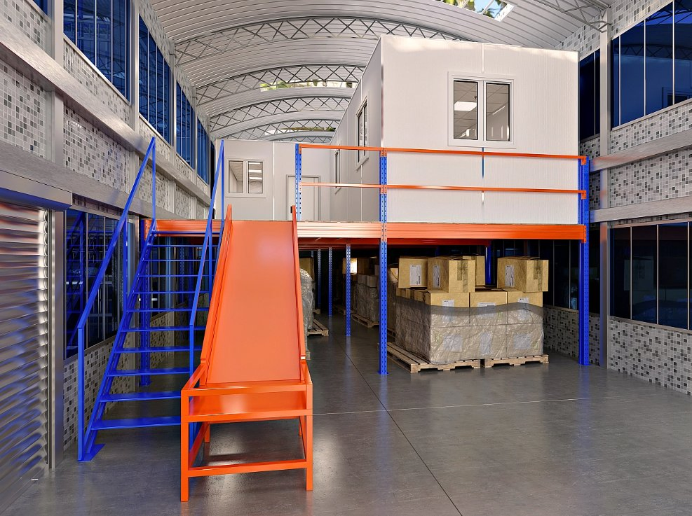 Anti-Vibration Steel Platform Mezzanine Rack with Shock-Absorbent Structure &amp; Fall-Protection Safety Railings for Heavy Machinery Parts Storage