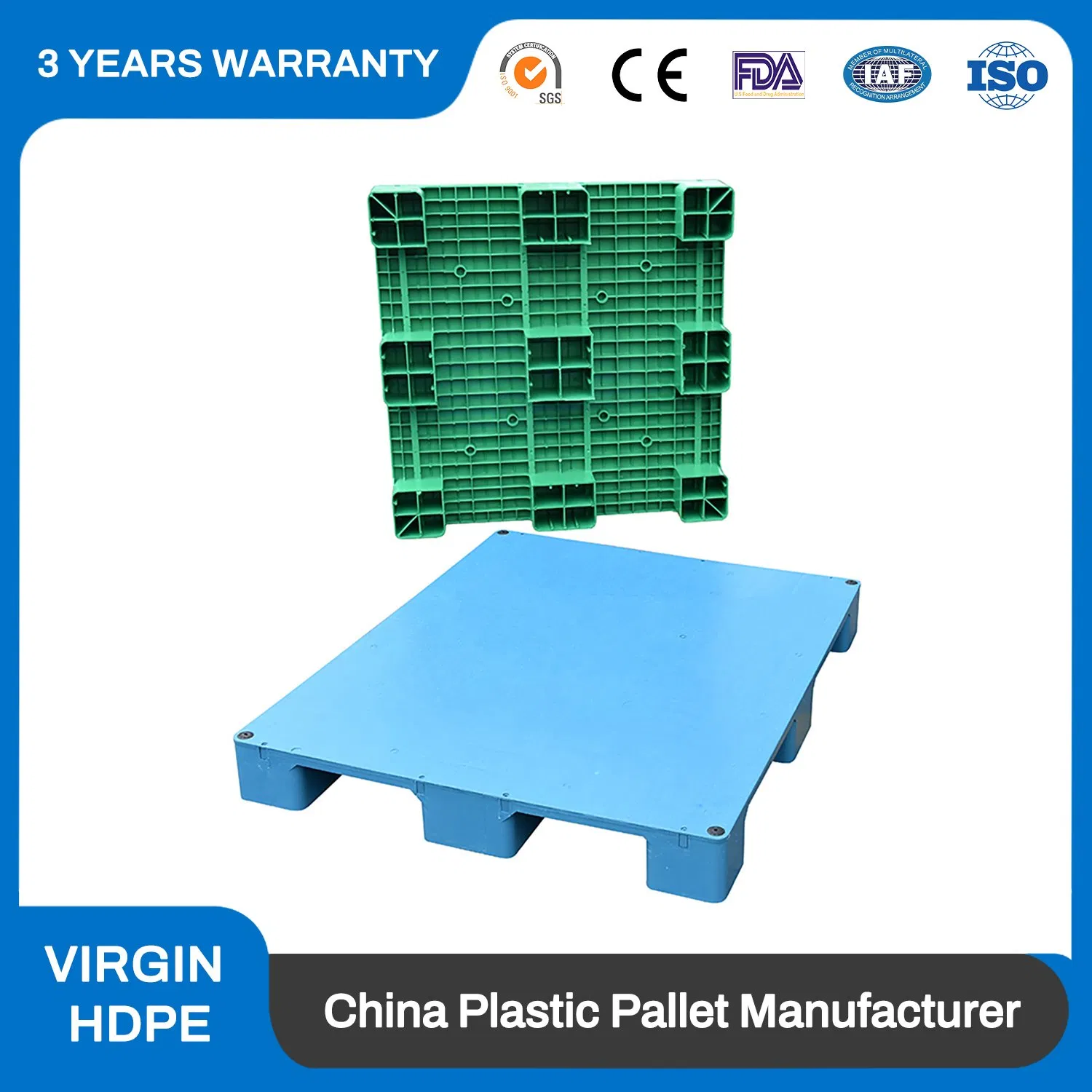 HDPE Heavy Duty 3 Runners Four-Way Entry Reusable Rackable Hygienic Solid Deck Steel Reinforced Single Face Hygienic Plastic Pallet with Metal Reinforced