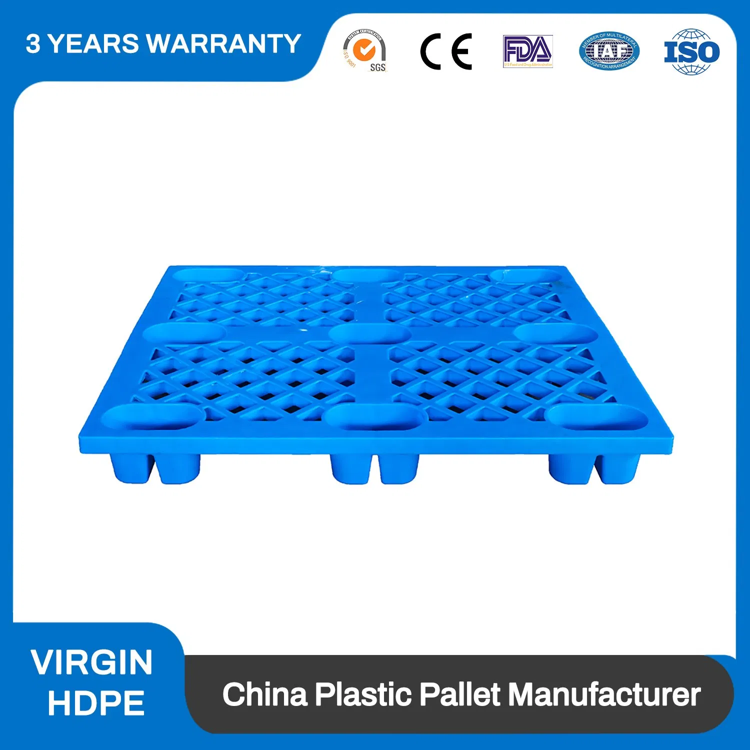 HDPE Heavy Duty 3 Runners Four-Way Entry Reusable Rackable Hygienic Solid Deck Steel Reinforced Single Face Hygienic Plastic Pallet with Metal Reinforced