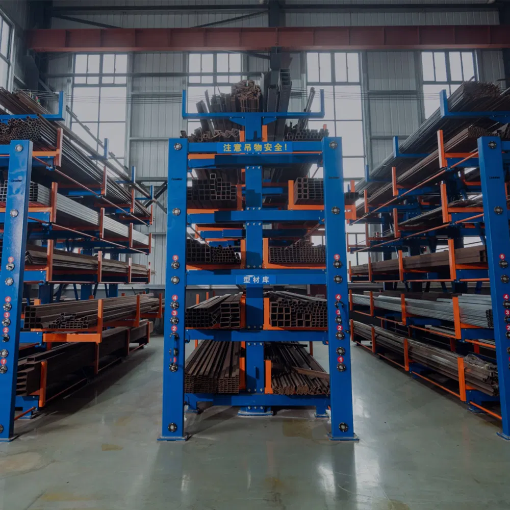 Blue Upright Orange Arm Customized Handle Warehouse Industrial Telescopic Heavy Duty Sheet Metal Storage Roll out Cantilever Rack for Long Metal Cargo
