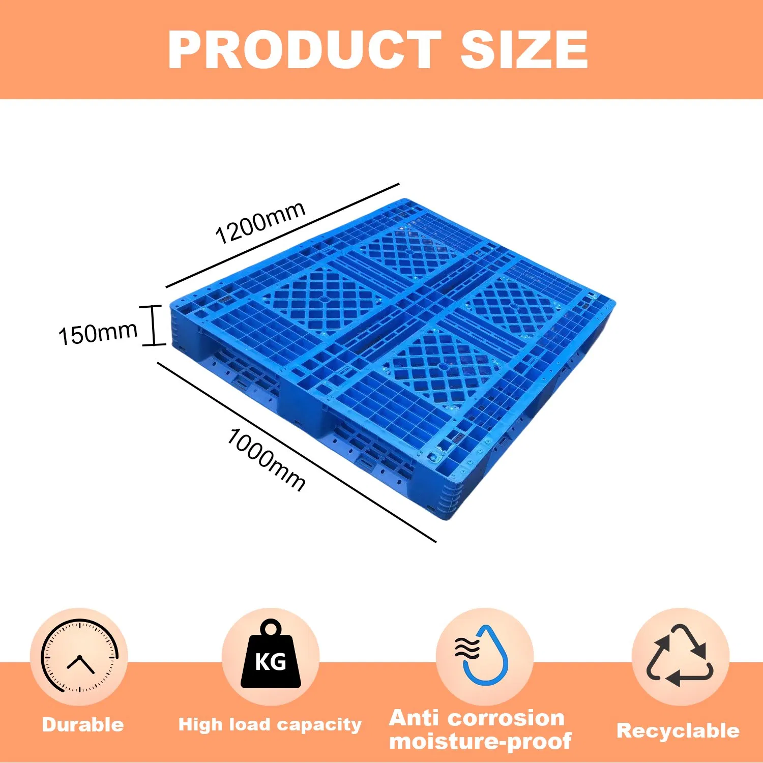 Huading 1200*1000*150mm Single Faced 4-Way Entry Grid Deck and Full-Perimeter Bottom 7PCS Steel Tubes Plastic Pallet