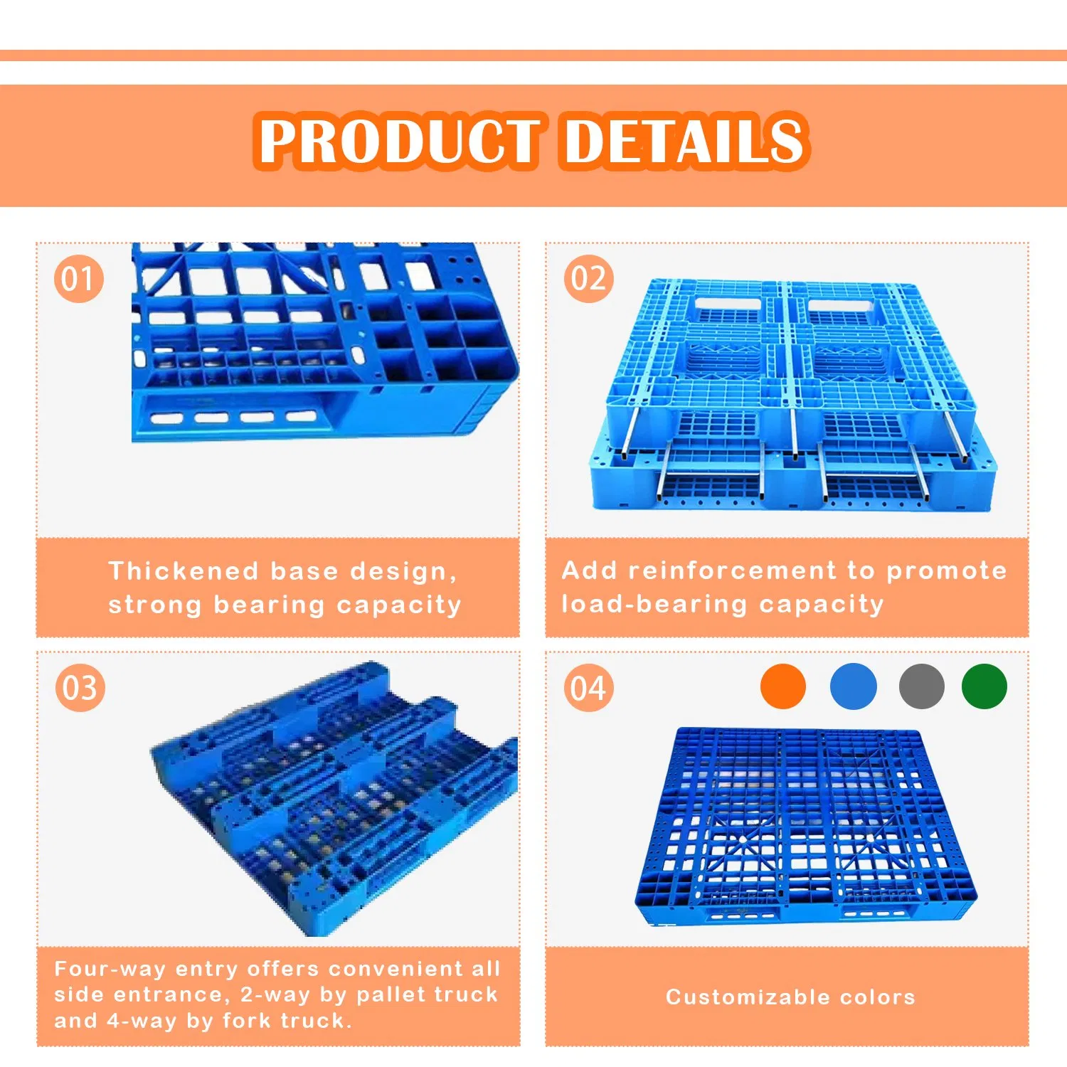 Huading 1200*1000*150mm Open Deck HDPE Steel Tube Pallets Durable Euro 3 Runners Heavy Duty Plastic Pallet for Warehouse Storage