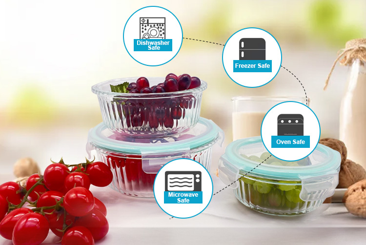 Child-Safe Striped Glass Storage with Secure PP Locking Cover, Microwave/Freezer Safe for Family Use 390ml