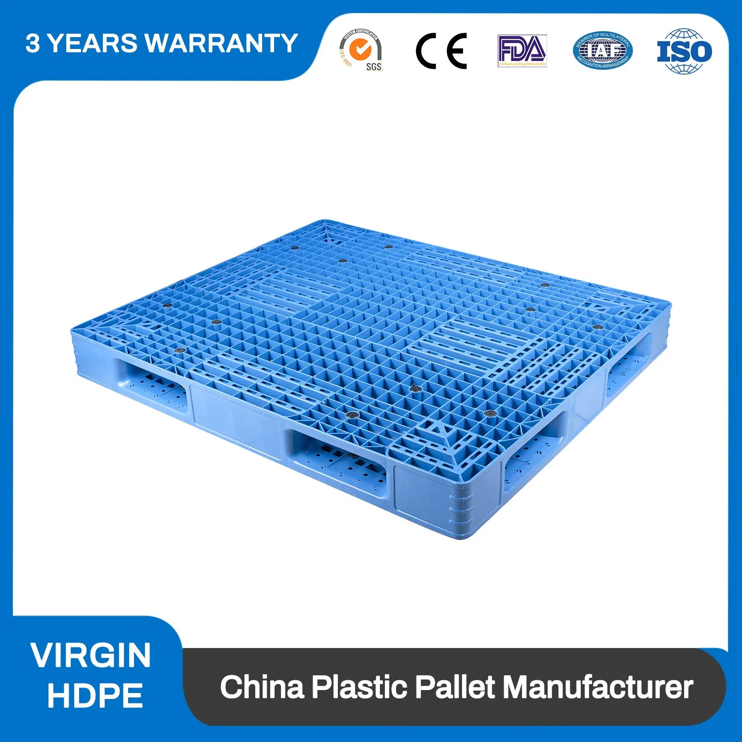 1200*1000 Stackable Industrial HDPE 3 Runners Heavy Duty Reversible Hygiene Solid Deck Racking Forklift 4 Way Entry Steel Reinforced Plastic Pallet