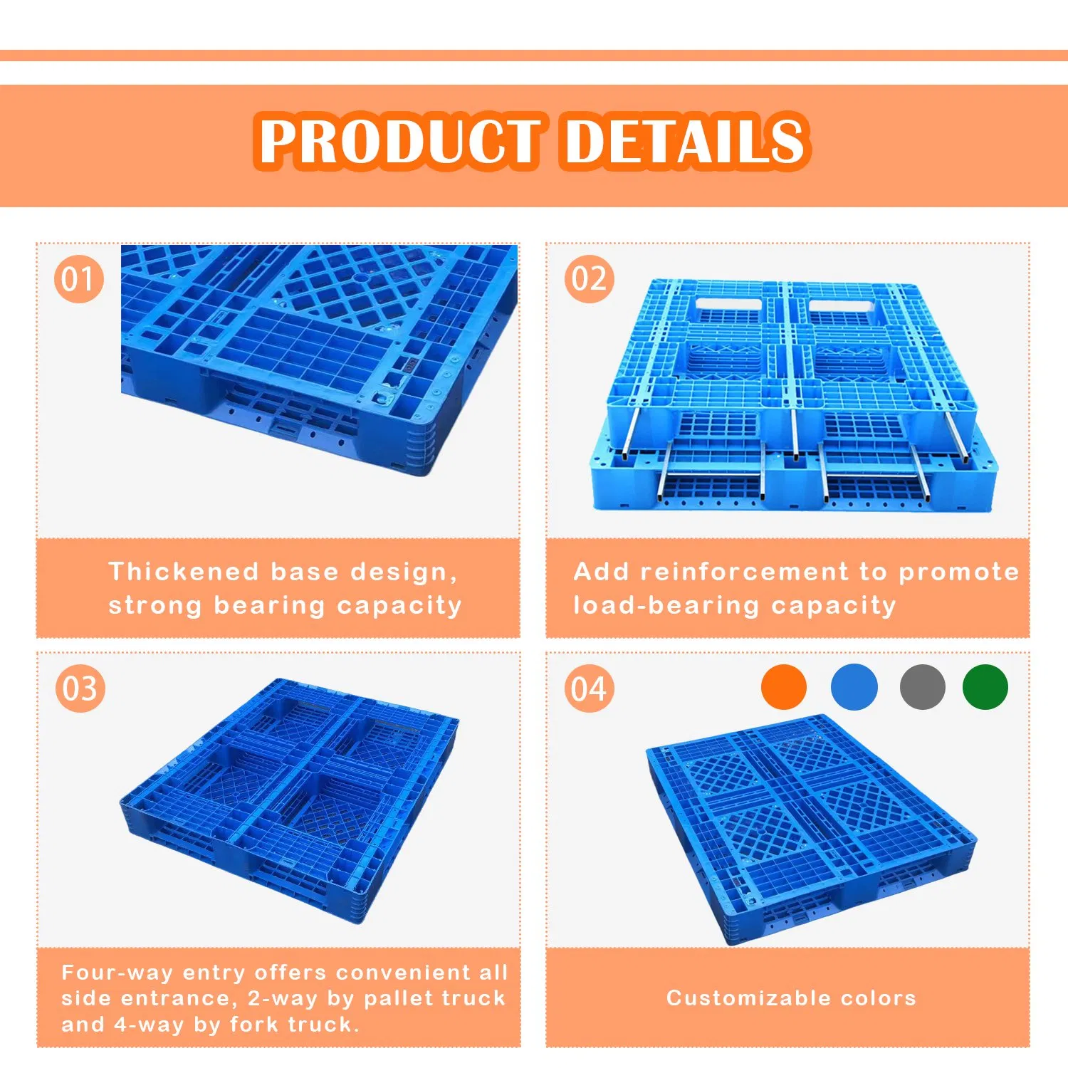 Huading 1200*1000*150mm Single Faced 4-Way Entry Grid Deck and Full-Perimeter Bottom 7PCS Steel Tubes Plastic Pallet