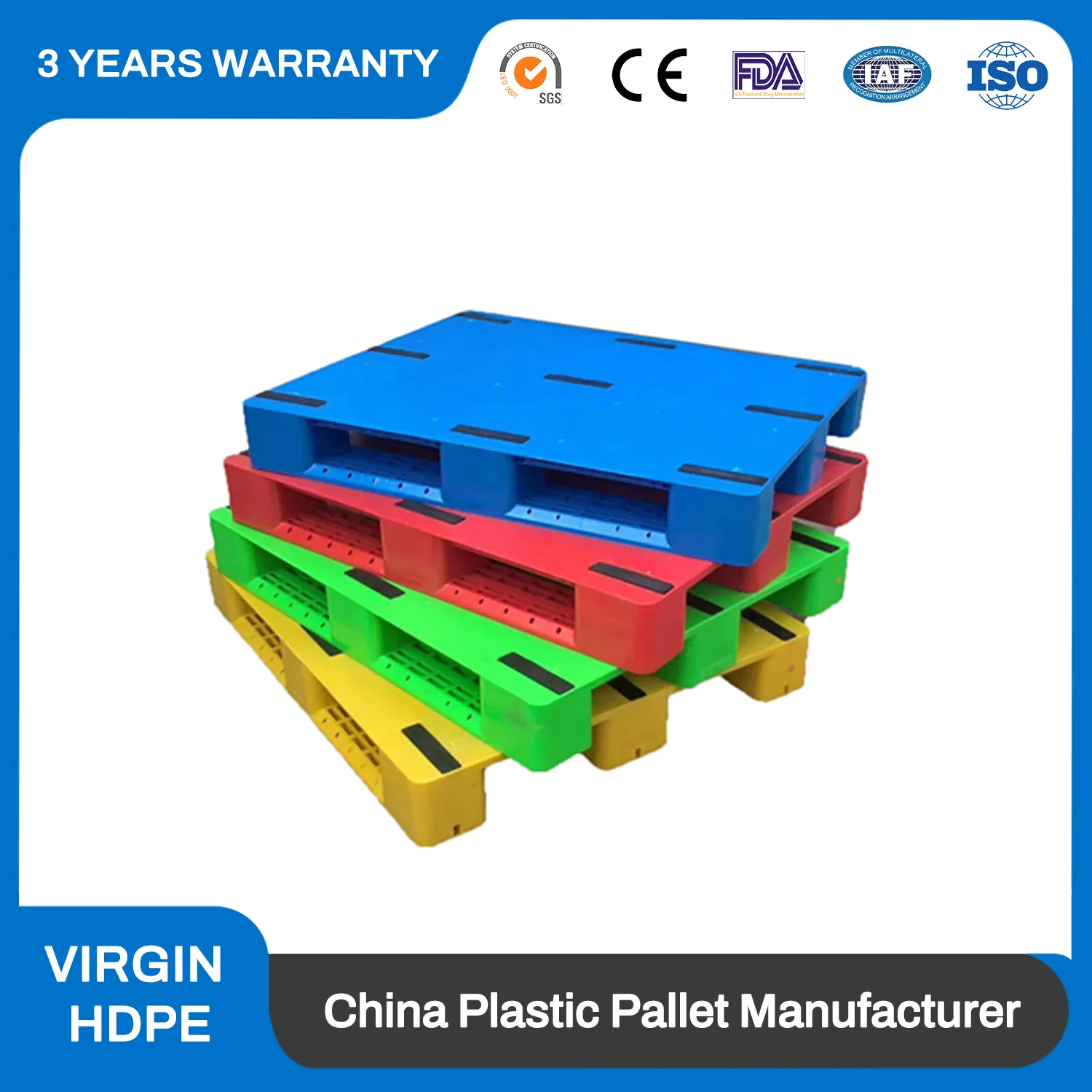 HDPE Heavy Duty 3 Runners Four-Way Entry Reusable Rackable Hygienic Solid Deck Steel Reinforced Single Face Hygienic Plastic Pallet with Metal Reinforced
