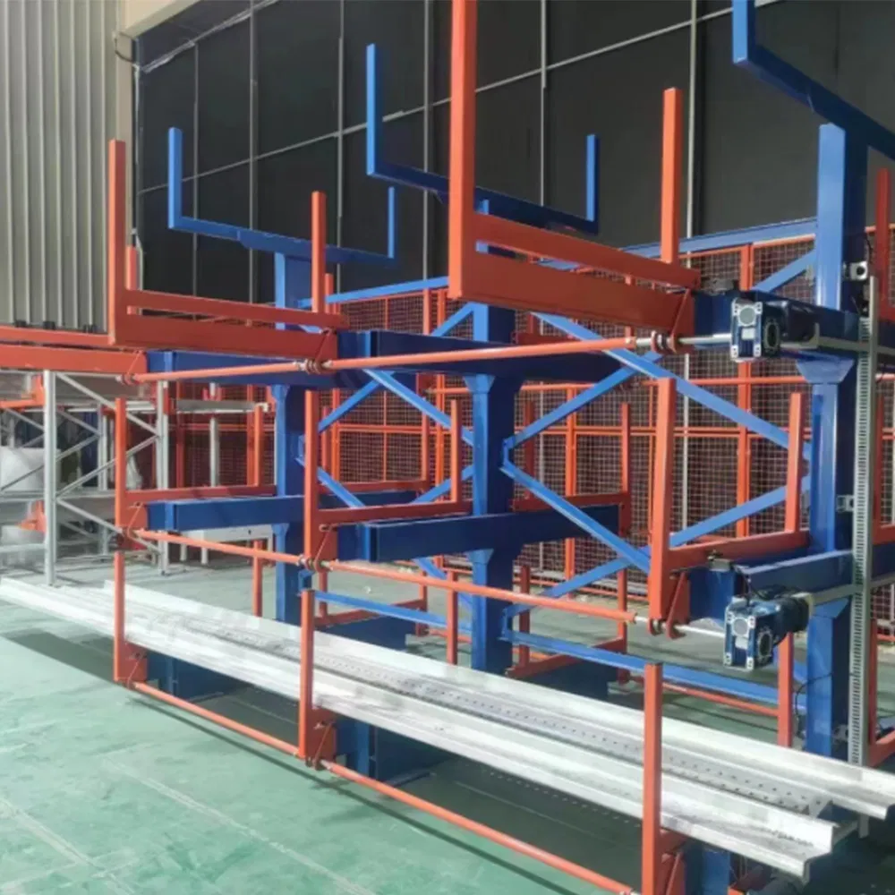 Blue Upright Orange Arm Customized Handle Warehouse Industrial Telescopic Heavy Duty Sheet Metal Storage Roll out Cantilever Rack for Long Metal Cargo