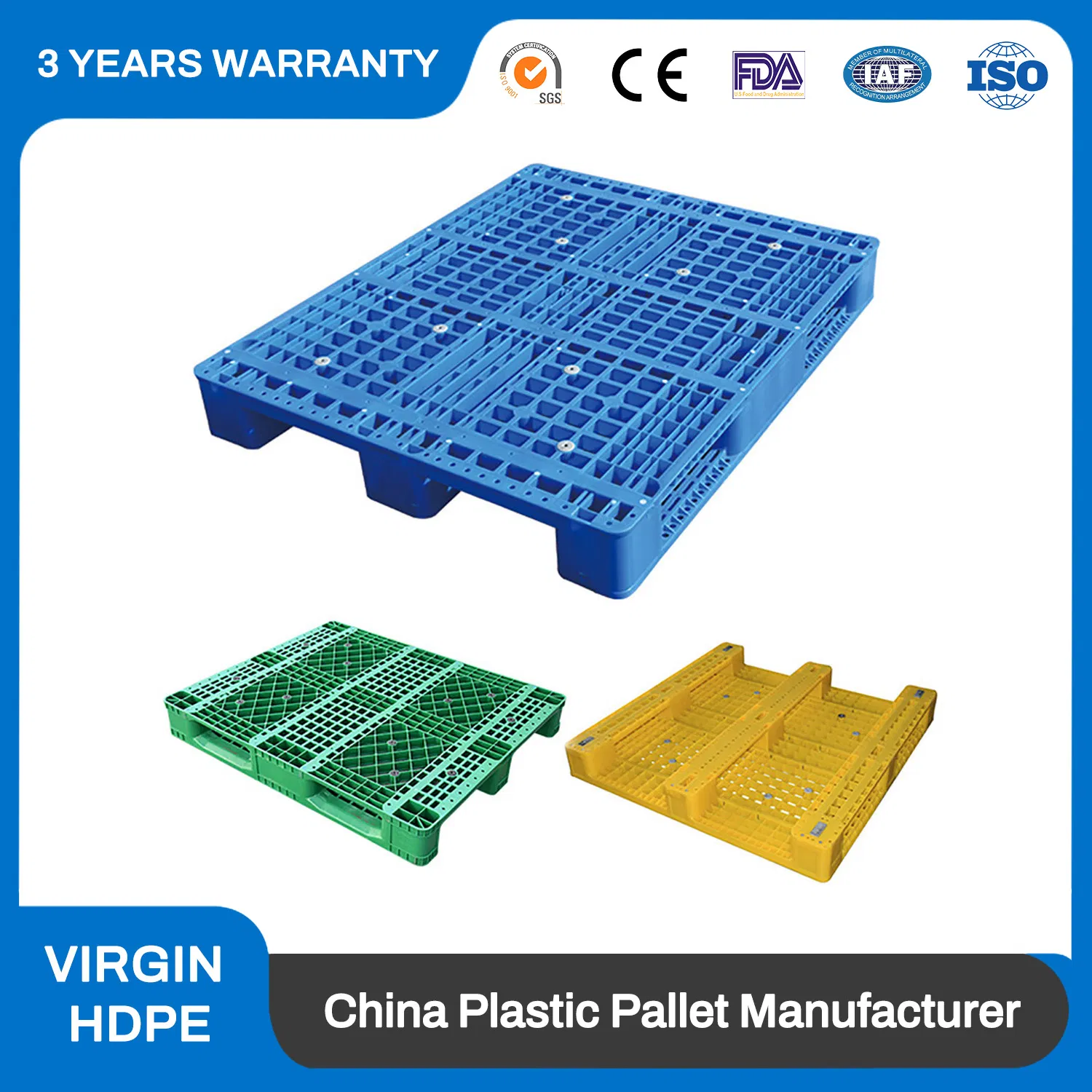 HDPE Heavy Duty 3 Runners Four-Way Entry Reusable Rackable Hygienic Solid Deck Steel Reinforced Single Face Hygienic Plastic Pallet with Metal Reinforced
