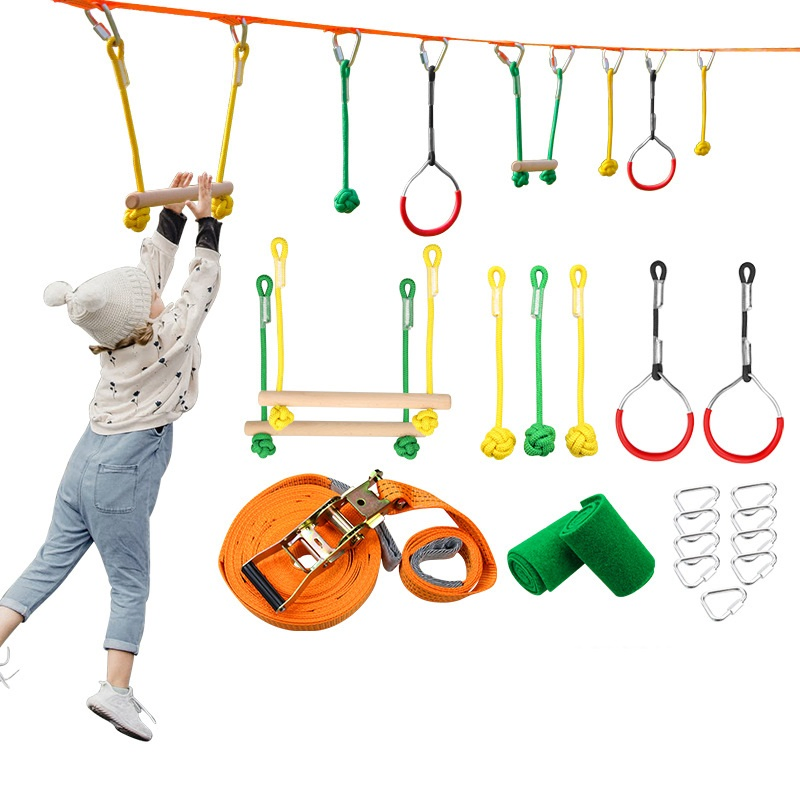 American Fitness Slackline Hanging Obstacle Course Ninja Warrior Line Obstacle Course Kit for Outdoor Backyard