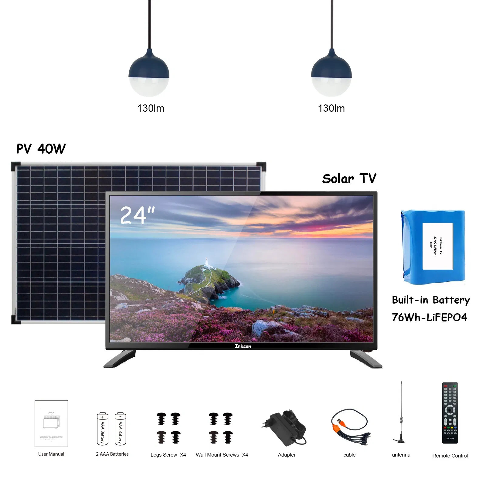 24 Inch CE-Certified off-Grid 5V/12V Output Solar-Powered TV with Built-in Generator