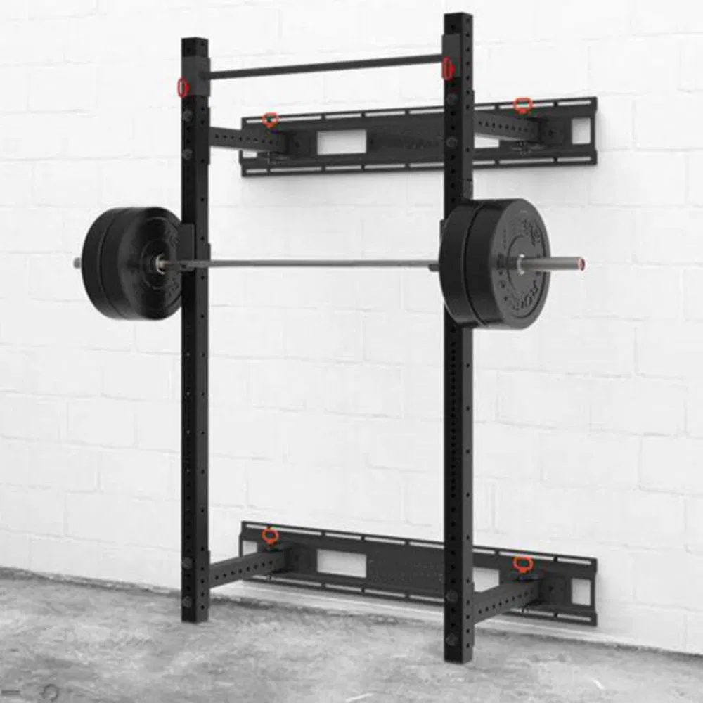 Wall Mounted Folding Squat Power Rack with Spotter Arms and J-Hooks Gym Fitness Equipment