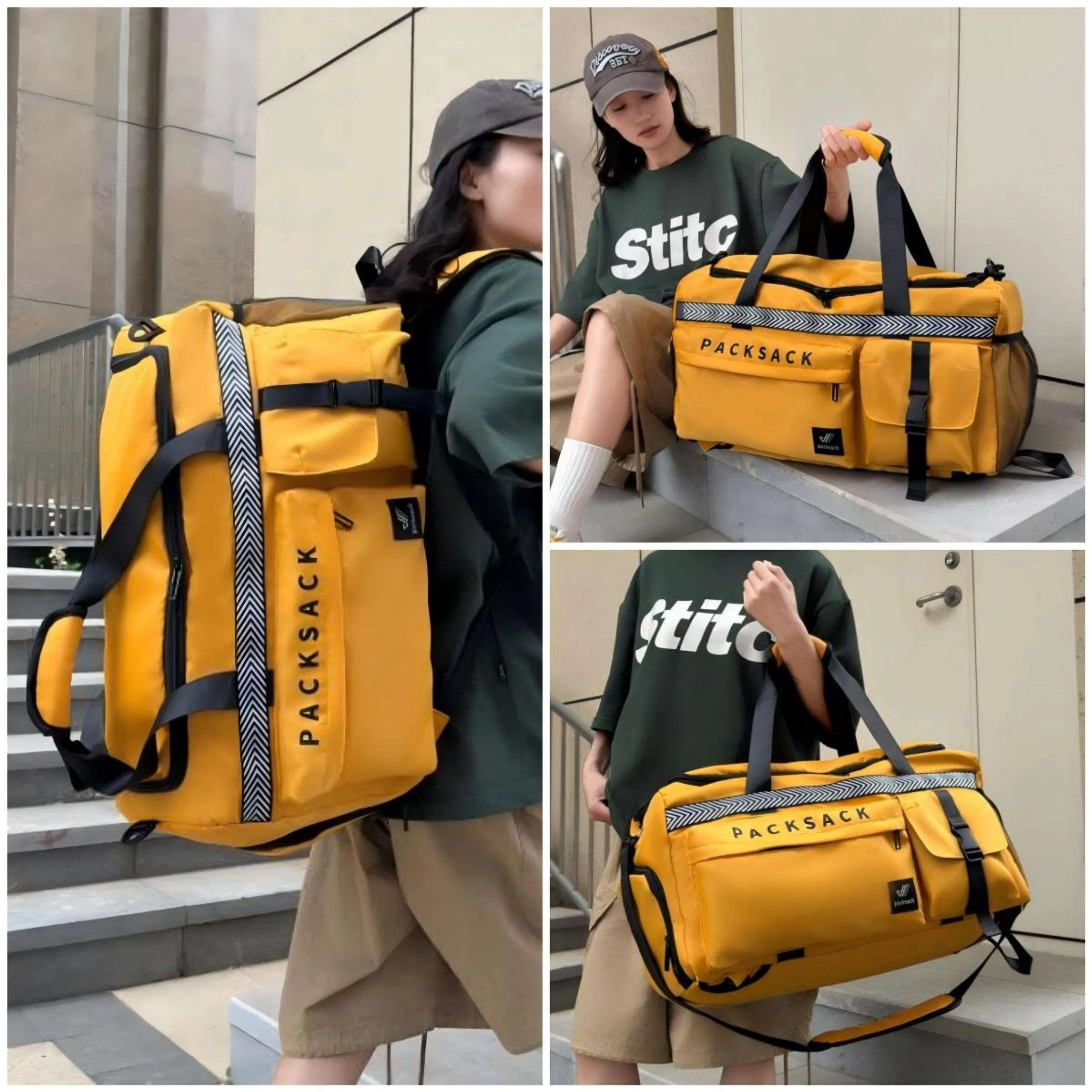Yellow Unisex Custom Logo Large Capacity Gym Duffle Bag Waterproof Sports Travel Backpack Portable Durable Polyester Lining for Fitness