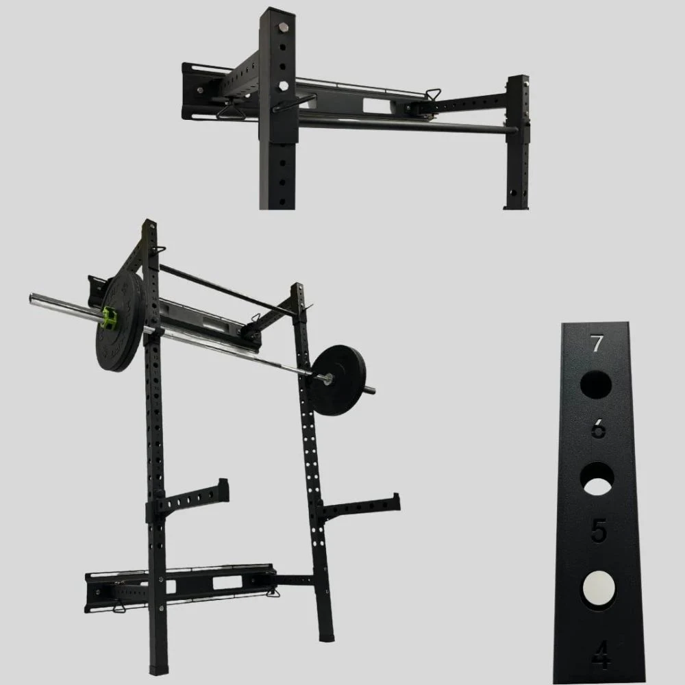 Wall Mounted Folding Squat Power Rack with Spotter Arms and J-Hooks Gym Fitness Equipment