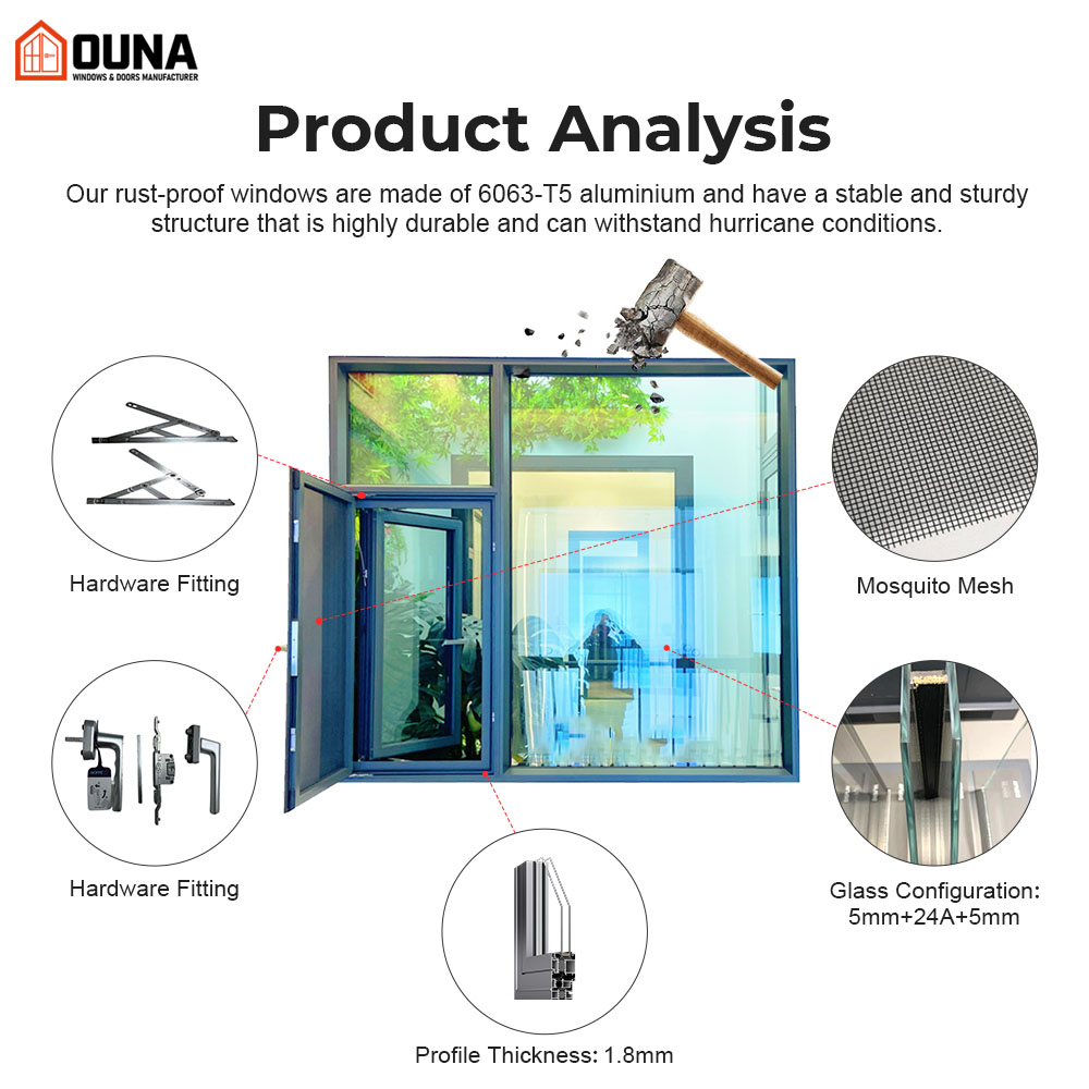OUNA Custom Villa House Project Window&Door Thermal Break Insulated Window Soundproof Double Glazed Aluminum Casement Windows