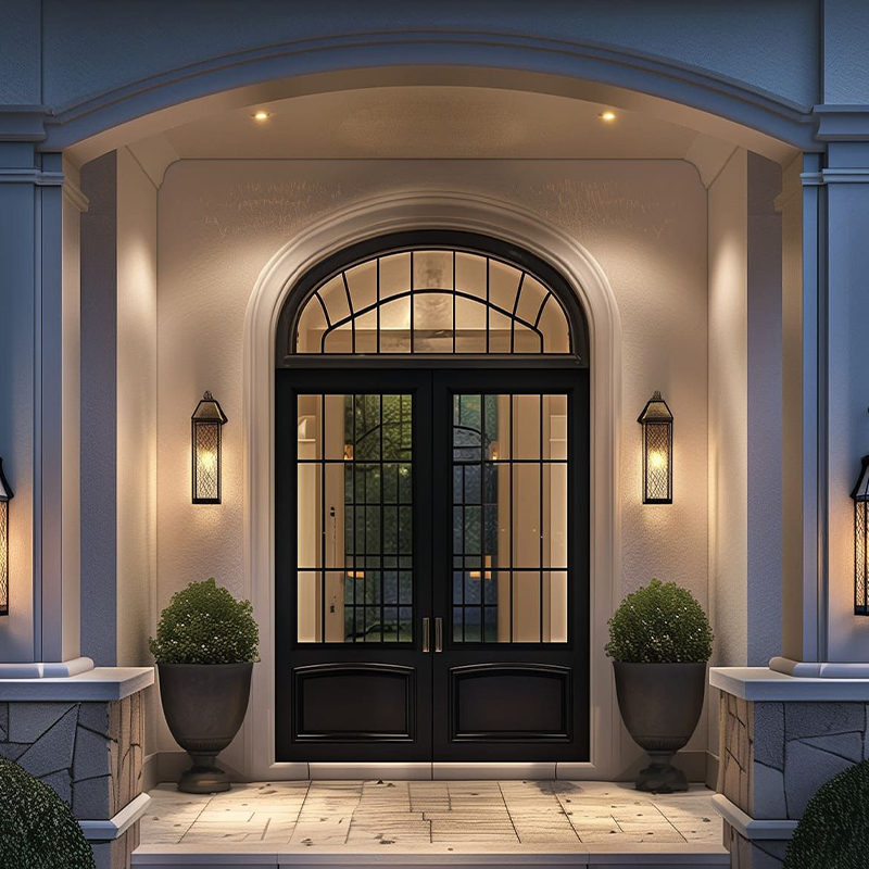 OUNA Custom Arched Aluminum French Doors Antique Design with Decorative Grilles for a Unique Vintage Style Home Entrance