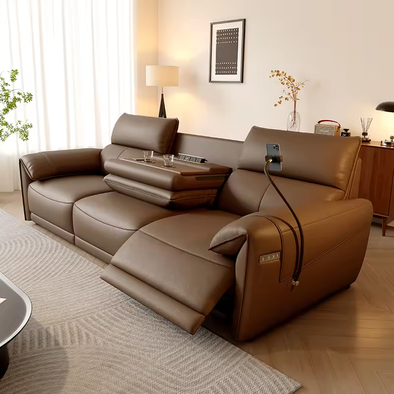 Manufacturer 2025 3-seat Black Leather Power Reclining Chair Smart Recliner Electric Sofa Chair with Cup Holder Drop Down Table