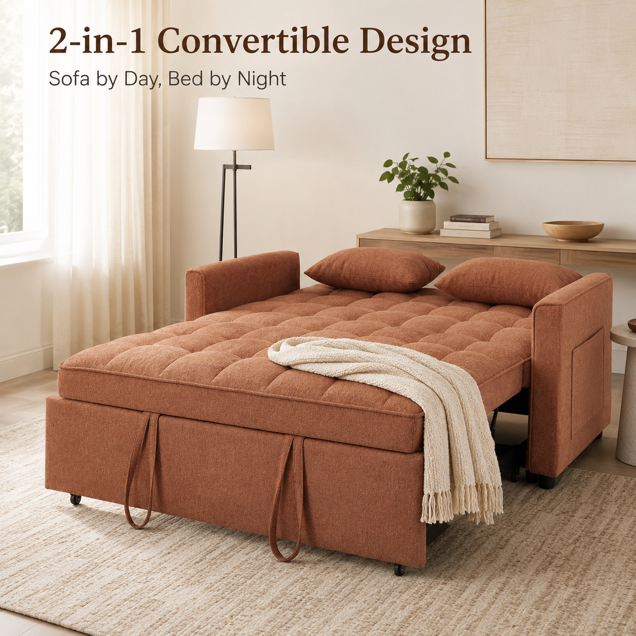 Orange Tufted Pull-Out Sofa Bed Loveseat Sofa Sleeper With Side Pocket for Apartments