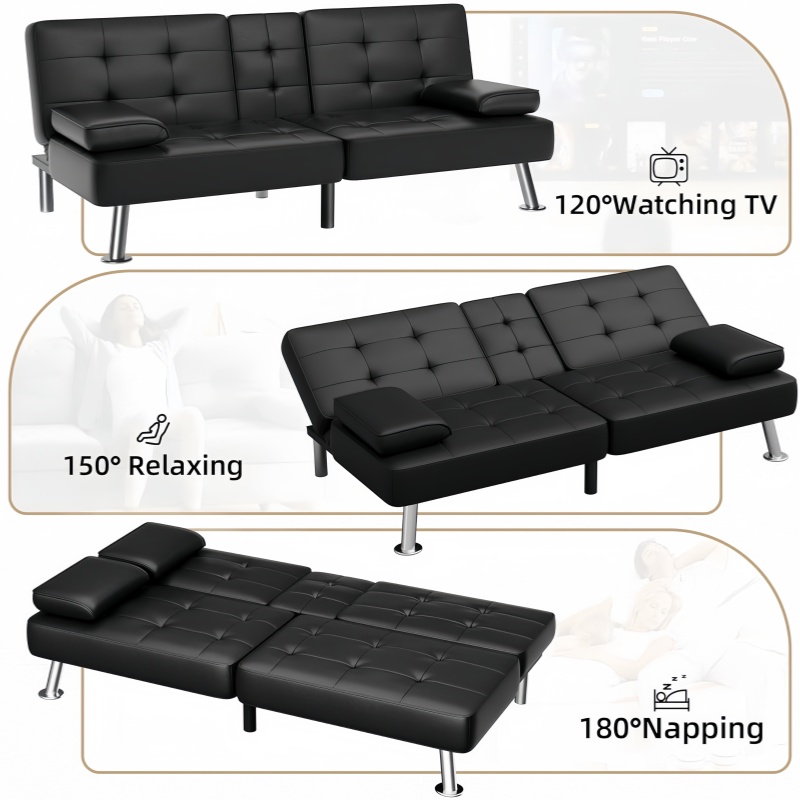 Convertible Folding Futon Sofa Bed Sleeper Couch for Living Room Faux Leather Upholstered Loveseat W/Removable Armrests