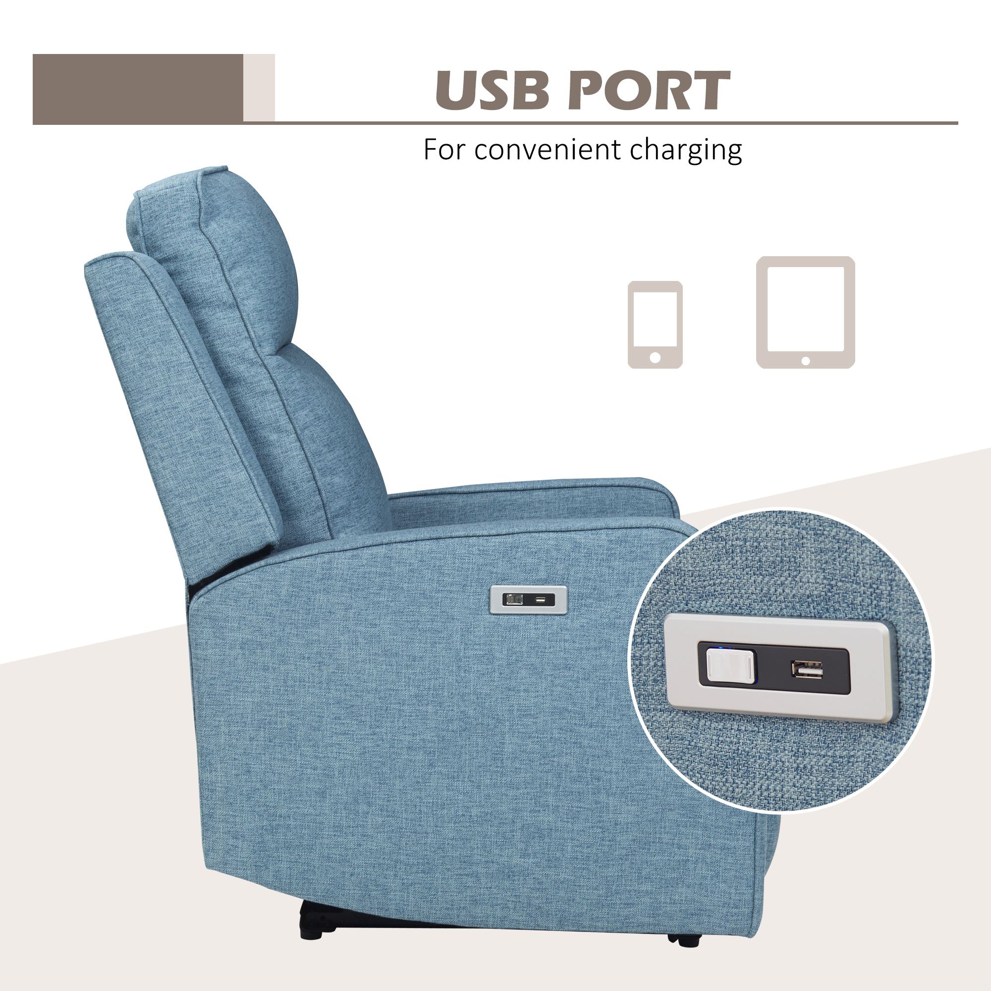 Electric Power Wall Hugger Recliner with USB Charging Station Linen Upholstered Retractable Armchair Sofa