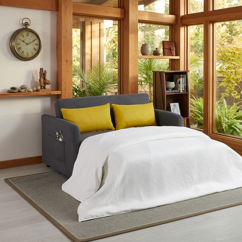 Small Space Convertible Sofa Bed with Storage, Dark Grey Modern Sleeper Couch for Apartment, 3-in-1 Pull-out Loveseat Sofa Bed