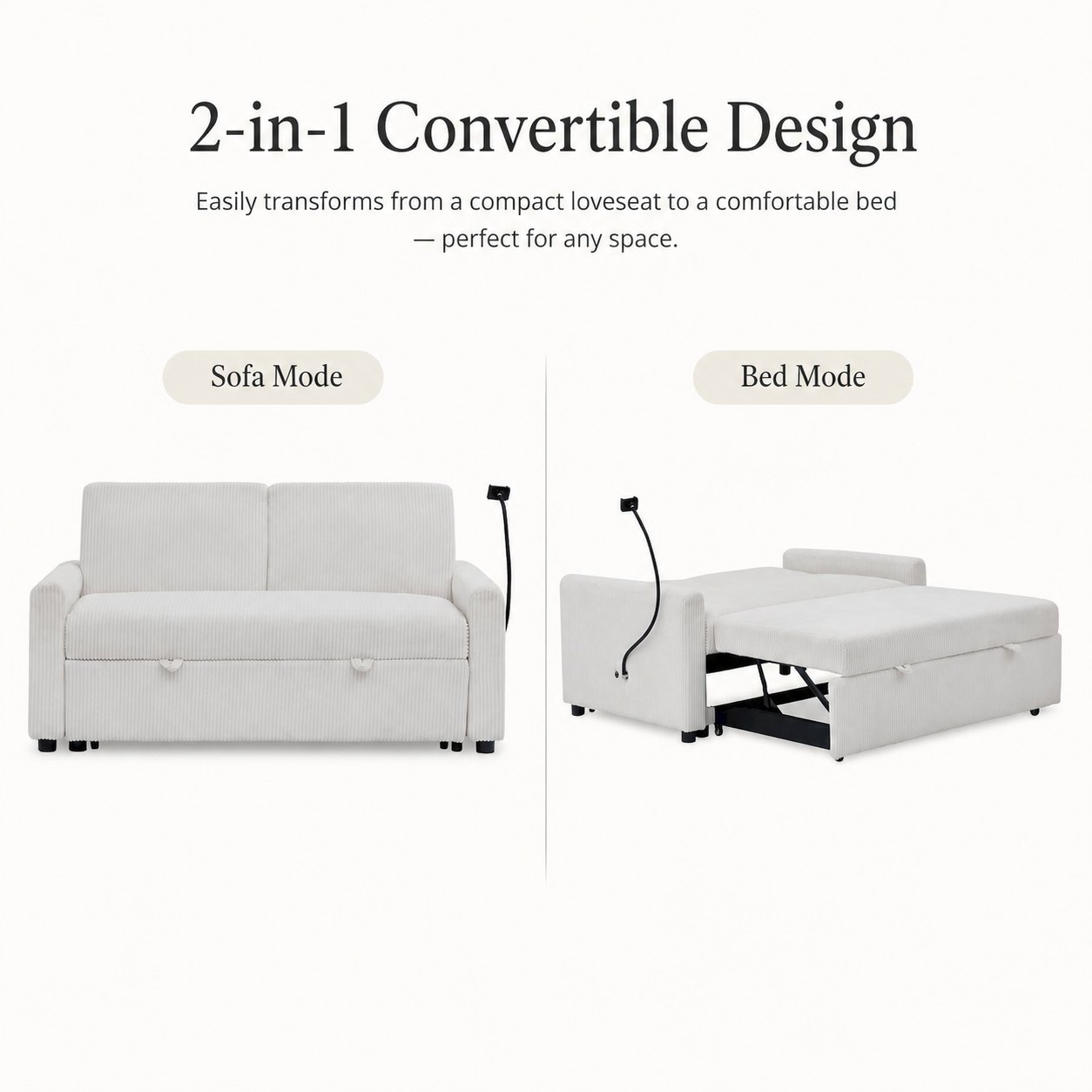 White Fabric Pull-Out Sofa Bed Loveseat Convertible Sofa Sleeper With USB Charging Port for Living Room