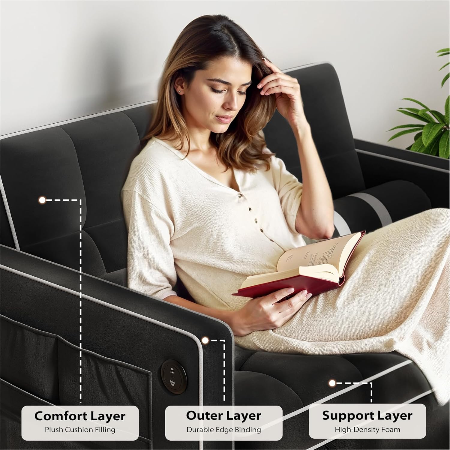 Dareko Convertible Black Velvet Sponge Filled Sofa Bed Adjustable Backrest USB Ports Side Pockets Loveseat Futon Living Room