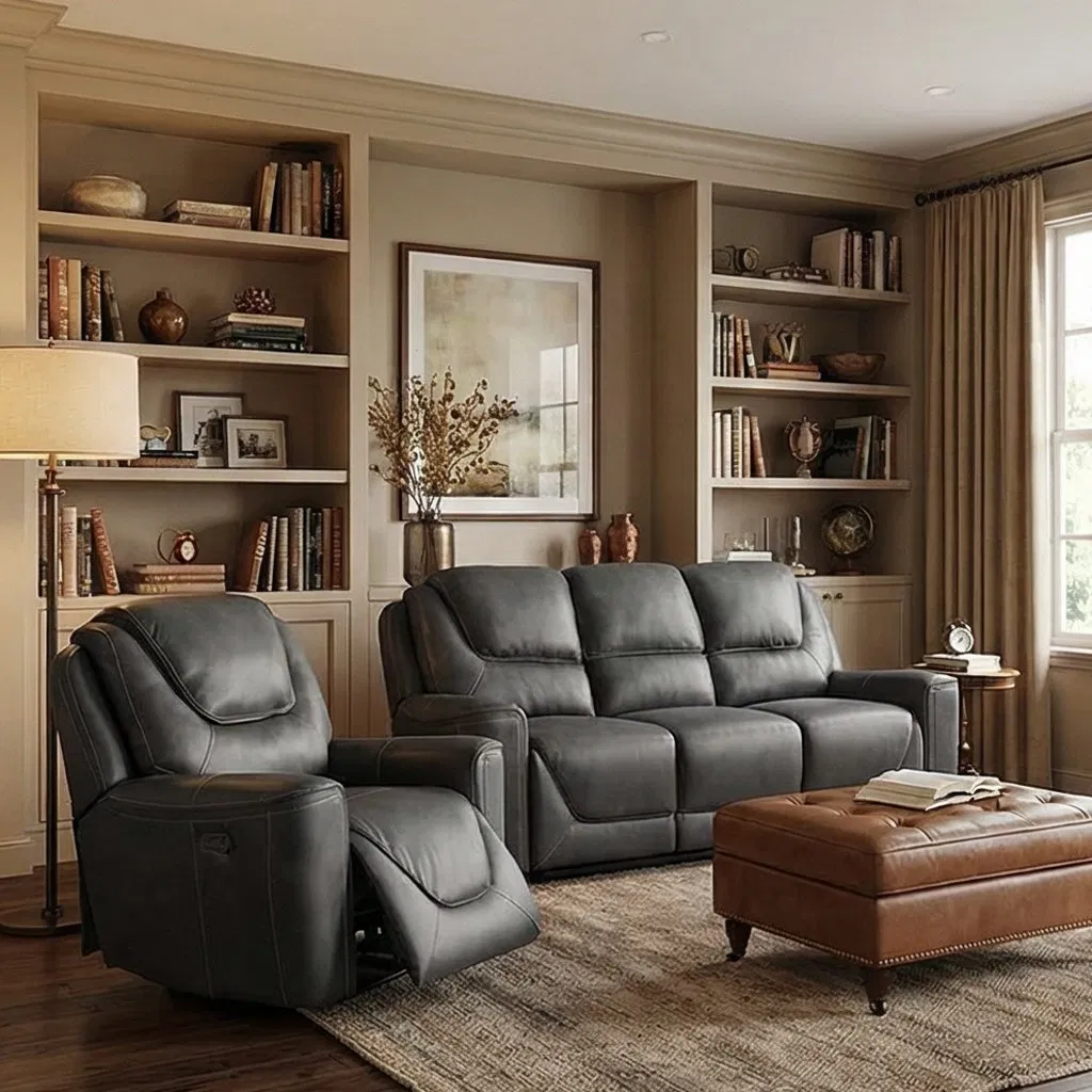 Ergonomic High Density Foam Lumbar Support Black Leather Electric Recliner Sofa