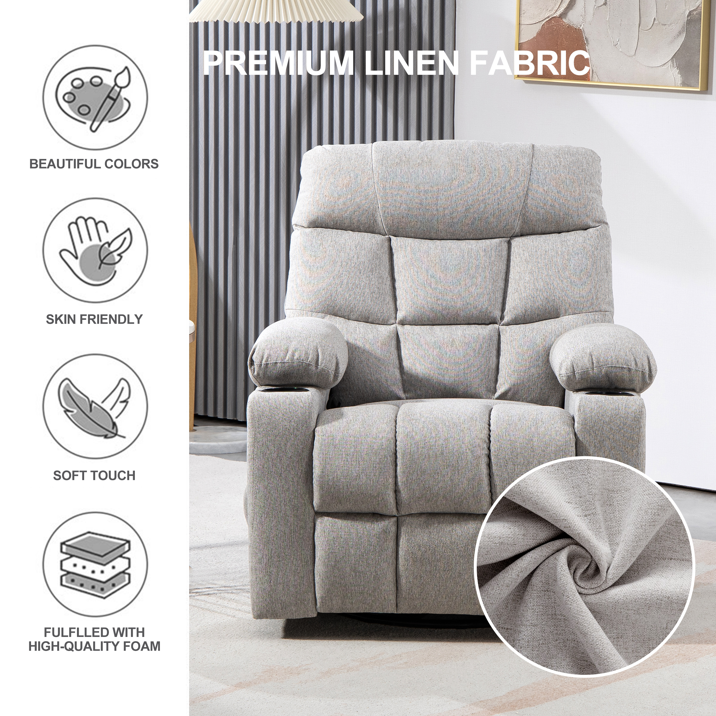 360&deg; Swivel Oversized Rocking Chairs Rocker Recliner Chair With Massage And Heated Living Room Function Sofa